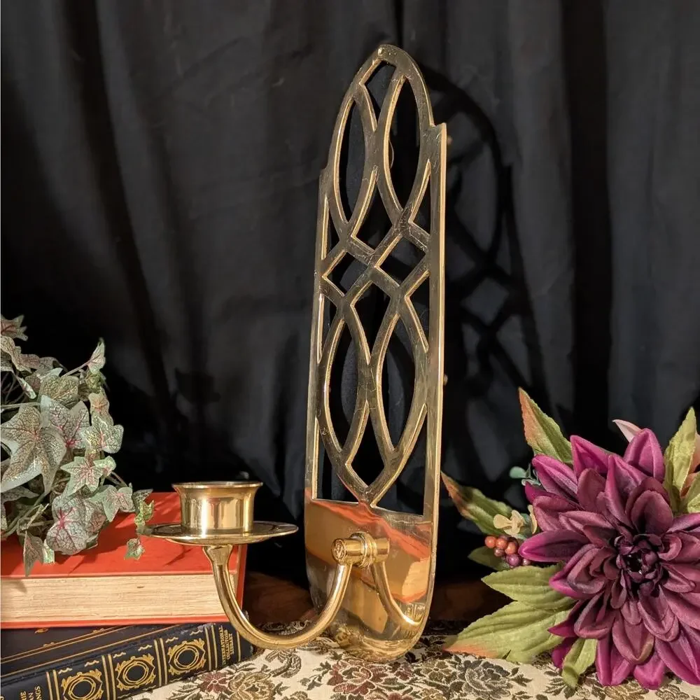 Vintage Solid Brass Wall Sconce Pair Art Deco Geometric Statement Candle Holders